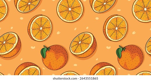 Fresh Orange Fruit with Speckles Pop Art Style Seamless Vector Pattern