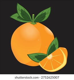Fresh Orange Fruit Vector with Green Leaves and Slice on Black Background – Citrus Illustration for T-Shirt, Logo and Food Design.
High quality vector illustration of a fresh orange fruit with green leaves and a sliced orange piece on a black background. Bright and juicy citrus fruit design perfect for T-shirt printing, logo design, food packaging, juice branding, posters, stickers, and healthy lifestyle graphics.