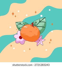 Fresh orange fruit vector illustration with leaves and decorative flowers in soft pastel colors. Playful flat design drawing. Perfect for stickers, kids illustrations, packaging, greeting cards, posters, fresh and healthy food themed.