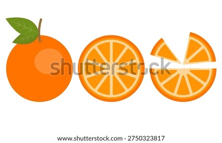 Fresh orange fruit vector set isolated on white background. Whole, wedges and sliced orange for food blogs, beverage packaging, nutritional infographics, and healthy lifestyle content. Flat style, EPS10