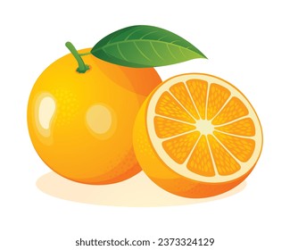 Fresh orange fruit whole and half cut. Vector illustration isolated on white background