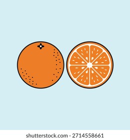 Icono de la Ilustración vectorial entera y de la rebanada de la fruta naranja fresca en estilo plano de la historieta aislado en fondo azul