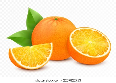 Fresh orange fruits, juicy orange with leaves, half, slice, and whole fruit, isolated on white background. Realistic 3d vector illustration