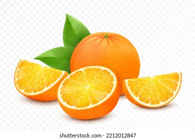 Fresh orange fruits, juicy orange with leaves, half, slice, and whole fruit, isolated on white background. Realistic 3d vector illustration