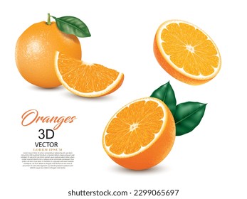 fresh orange fruits set design isolated on the white background,fresh tasty realistic 3D orange fruits vector illustration design element.