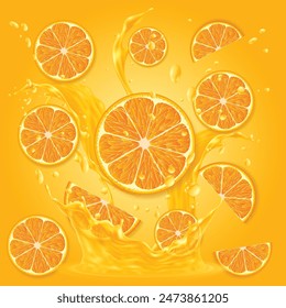 Fresh Orange Fruits with slice with Yellow Background Vector