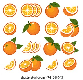 Frutas frescas de laranja. Ilustração vetorial de laranjas cítricas suculentas com metade e fatia para café da manhã de verão isolado no fundo branco