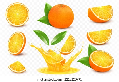 Fresh orange fruits whole and slices, splashes of orange juice. 3d realistic vector icon set, isolated on transparent background