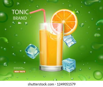 Fresh orange and glass with juice and ice cubes