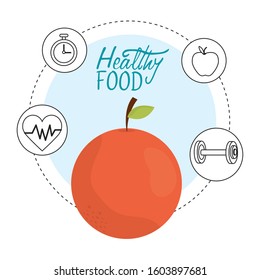fresh orange heartbeat chronometer and barbell health food vector illustration