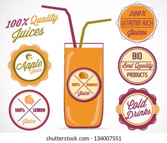 Fresh Orange Juice and Badges Vector Illustration in Retro Style