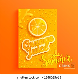 Fresh orange juice banner with drops from condensation, splashing and fruit slice on gradient hot summer background for brand,logo, template,label,emblem,store,packaging,advertise.Vector illustration