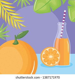 fresh orange juice fruit in botttle with straw in leafs palms