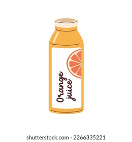 Zumo de naranja natural en una botella de vidrio. Bebida de fruta, bebida natural saludable de verano en frasco. Aroma sabroso y frío con sabor a cítricos. Ilustración vectorial plana aislada en fondo blanco