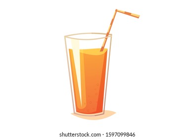 Fresh orange juice glass, cocktail juice with straw vector illustration isolated on white Background