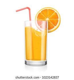 Fresh orange juice in a glass. Coctail pipe and realisitc orange slice Citrus natural fruit drink