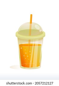 Fresh orange juice in a glass. Coctail pipe and realisitc orange slice Citrus natural fruit drink.  Plastic cup with lid and straw. Superfoods and health or detox diet nutrition concept.