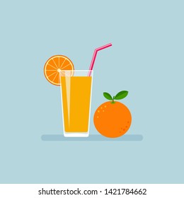 Fresh orange juice in a glass and orange fruit. Vector flat illustration isolated on blue background