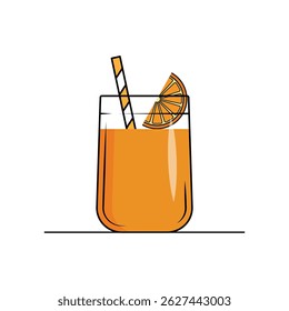 Fresh orange juice in a glass with orange half slice and tube, Isolated on white background, Vector illustration