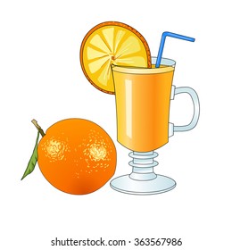 Fresh orange juice in glass mug. Refreshing drink. Vitamin cocktail. Healthy useful food. Vector.