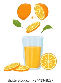 Fresh orange juice in glass and oranges fruits. Weight loss diet vitamin C smoothie. Detox fruit cocktail for healthy dieting. Vector illustration isolated on white background.