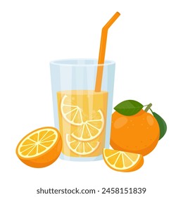 Fresh orange juice in glass and pieces of orange fruits. Weight loss diet vitamin C smoothie. Detox fruit cocktail for healthy dieting. Vector illustration isolated on white background.