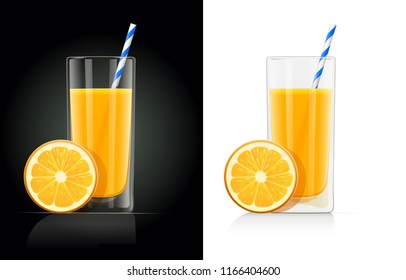 Fresh orange juice glass with pipe. Natural organic drink. Isolated white background. EPS10 vector illustration.