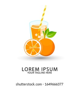  fresh orange juice in a glass. Orange slice, tube for drinking. Healthy organic food. Citrus fruit. Vector illustration flat design. Isolated on white background. Taking vitamins.