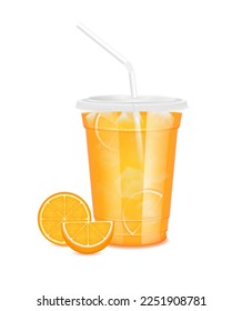 Fresh orange juice glass and slices half. Fruit juice in clear plastic transparent cup flat lid, ice and straw tube. For design drink menu cafe or restaurants. Isolated 3D realistic vector.