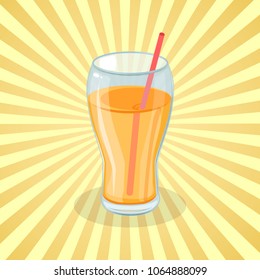 Fresh orange juice in a glass with a straw - cute cartoon colored picture of sweet delicious drink. Graphic design elements for menu, advertising, poster or packaging. Vector illustration of beverage