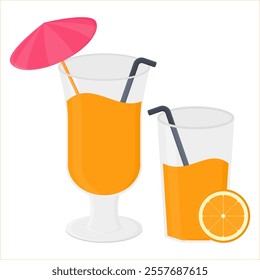 Fresh Orange Juice Glass Vector. Juice Glass with Orange Slices. Delicious Juice.