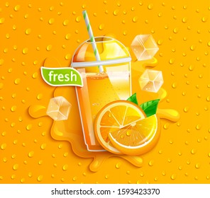 Fresh orange juice with ice and slice fruits, splash and aptetic drops on background for brand, logo,template, label, emblem, packaging, advertising, store. Vector illustration.