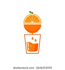 Fresh orange juice illustration with half orange and glass, flat vector style, perfect for food or drink branding.
