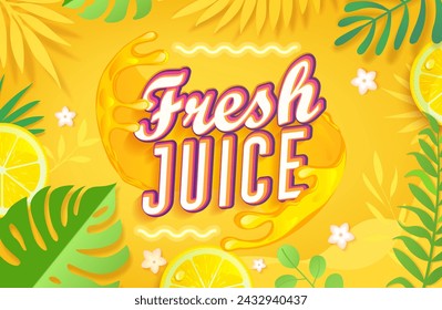 Fresh orange juice label with splash among green tropical leaves, fruit slice on bright yellow background. Template for label,emblem,store,packaging,ad.Cold drink for hor season.Vector illustration.