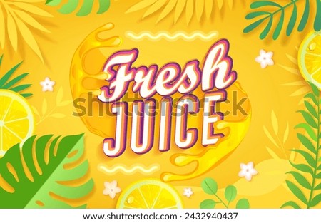 Fresh orange juice label with splash among green tropical leaves, fruit slice on bright yellow background. Template for label,emblem,store,packaging,ad.Cold drink for hor season.Vector illustration.