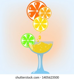 Fresh orange juice with lime, lemon and orange in wineglass for holiday or party in light orange background.