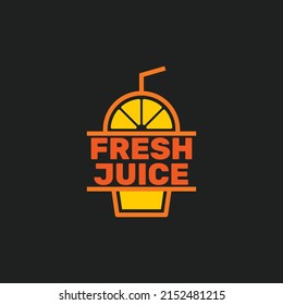 Fresh orange juice logo template design vector. Simple illustration of a plastic drink cup with a straw. Business logo for lemon juice, squeezed citrus, smoothies or lemonade. Black background.