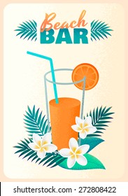 Fresh orange juice with palm leaves, plumeria flowers and beach bar label. Retro vector illustration. Can be used as poster, invitation or flyer