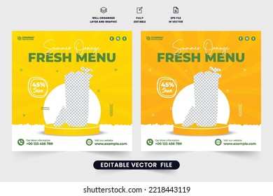 Fresh orange juice promotion template design with abstract shapes. Beverage advertising web banner design with orange and yellow colors. Juice bar business promotion social media post vector.