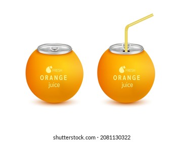 Fresh orange juice soft drink with lid aluminum can and drinking straw. Isolated on a white background. Healthy fruit drink concept. Realistic 3D vector EPS10 illustration.