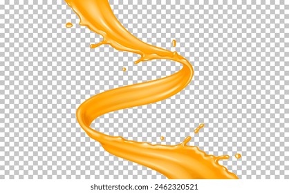 Fresh orange juice spiral flow strip realistic vector illustration. Healthy product. Natural drink swirl in motion 3d object on transparent background