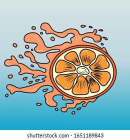 Naranja fresca con jugos, Diseño vectorial para carteles de postales.Bebidas alimenticias