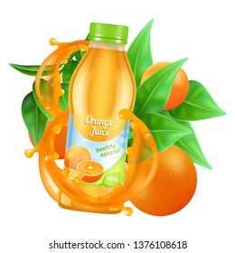 Fresh orange juice vector. Realistic juice bottle, leaves and orange isolated on white background