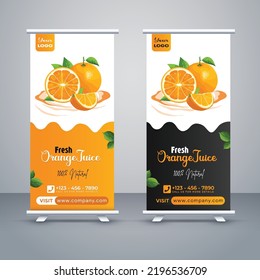 Fresh orange juice vector rollup banner design black, white background with orange 