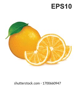 Naranja fresca con hojas y rodajas. Ilustración del vector