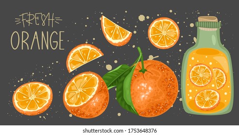 Fresh orange, leaves and a delicious drink. Hand calligraphy. Label, banner advertising element. Vector illustration.
Printing on fabric, paper, postcards, invitations.
