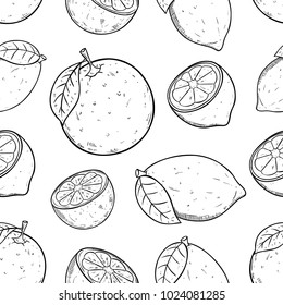 fresh orange and lemon fruit in seamless pattern with hand drawn style 