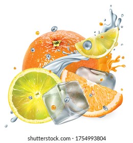 Fresh orange and lemon with ice cubes and splashes of water and juice