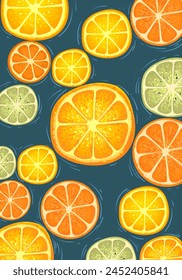 Naranja fresca, limón, mandarina, frutas de mandarina ilustración de fondo de Vector.