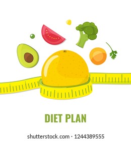 Fresh orange with measuring tape and vegetables. Diet plan concept. Vector illustration.